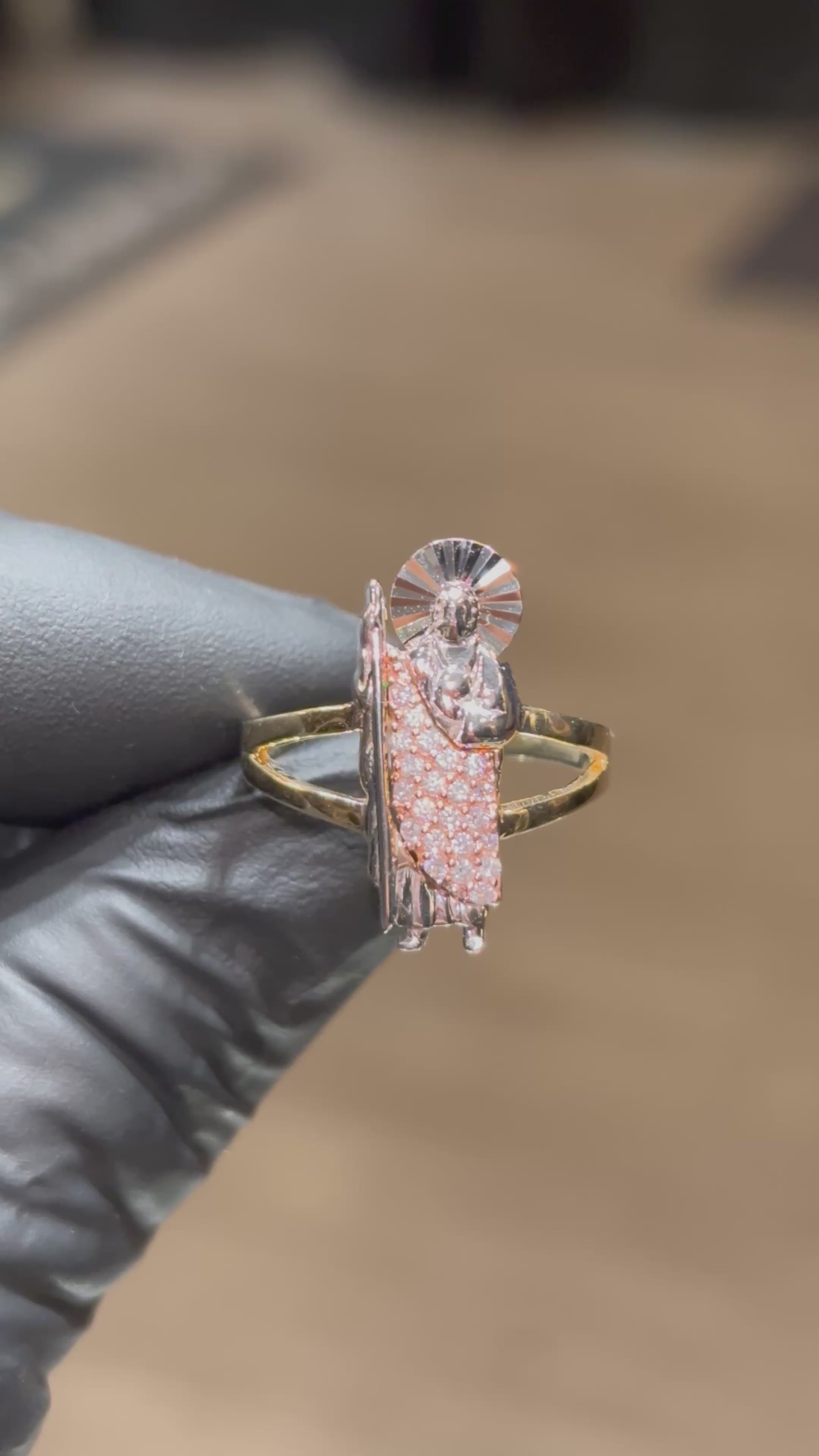 10k Tri-Colored San Judas with White Crystals Ring