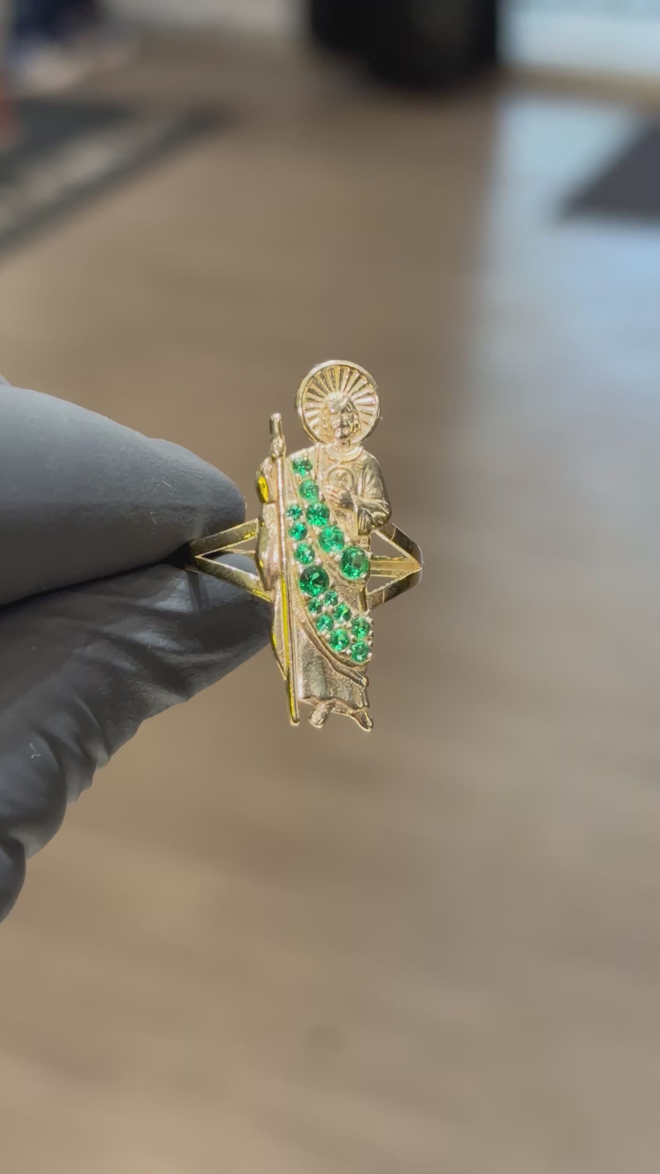 10k San Judas with Green Crystals Ring
