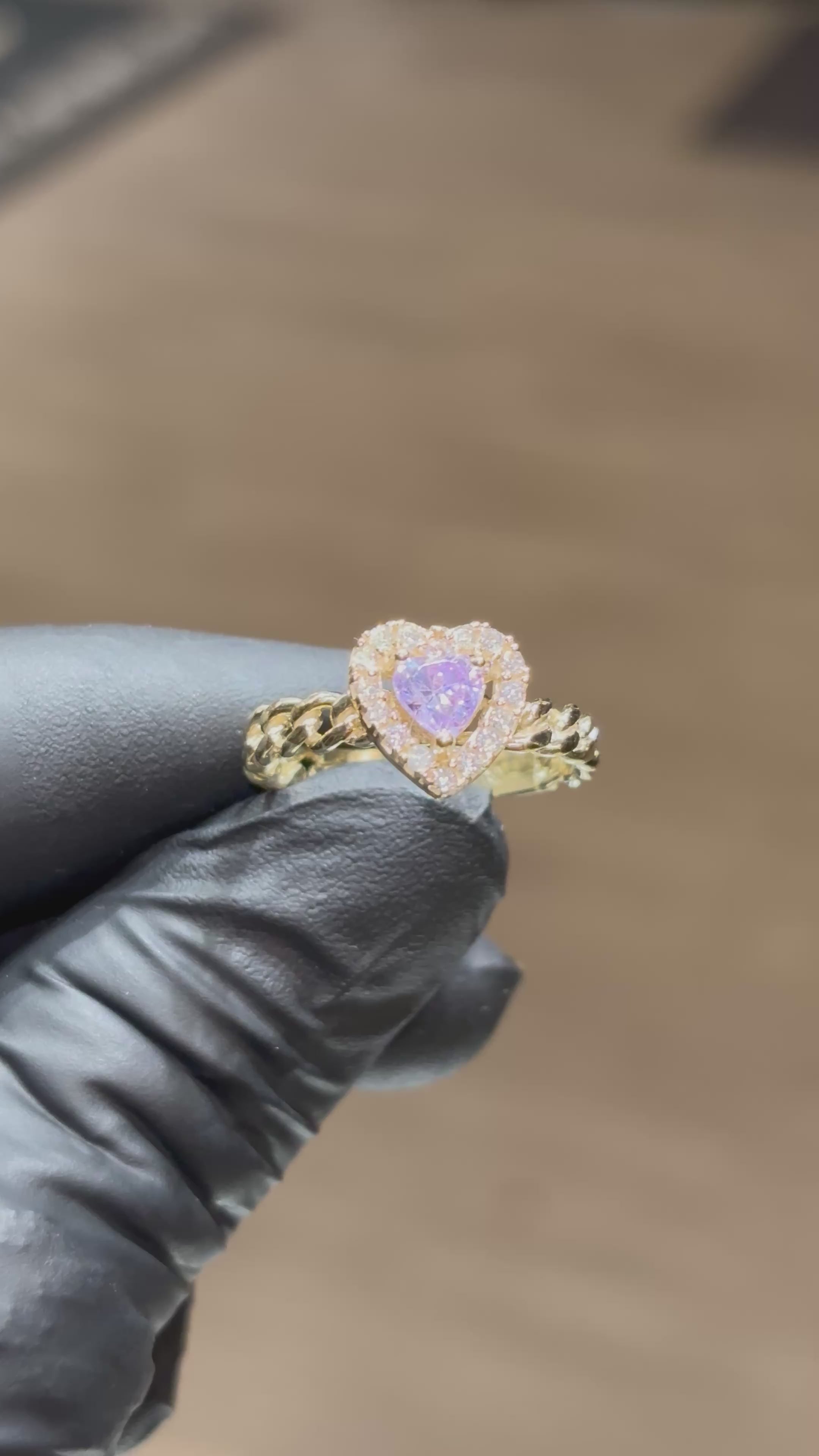 10k Light/Dark Purple Crystal Heart with Cuban Band Ring
