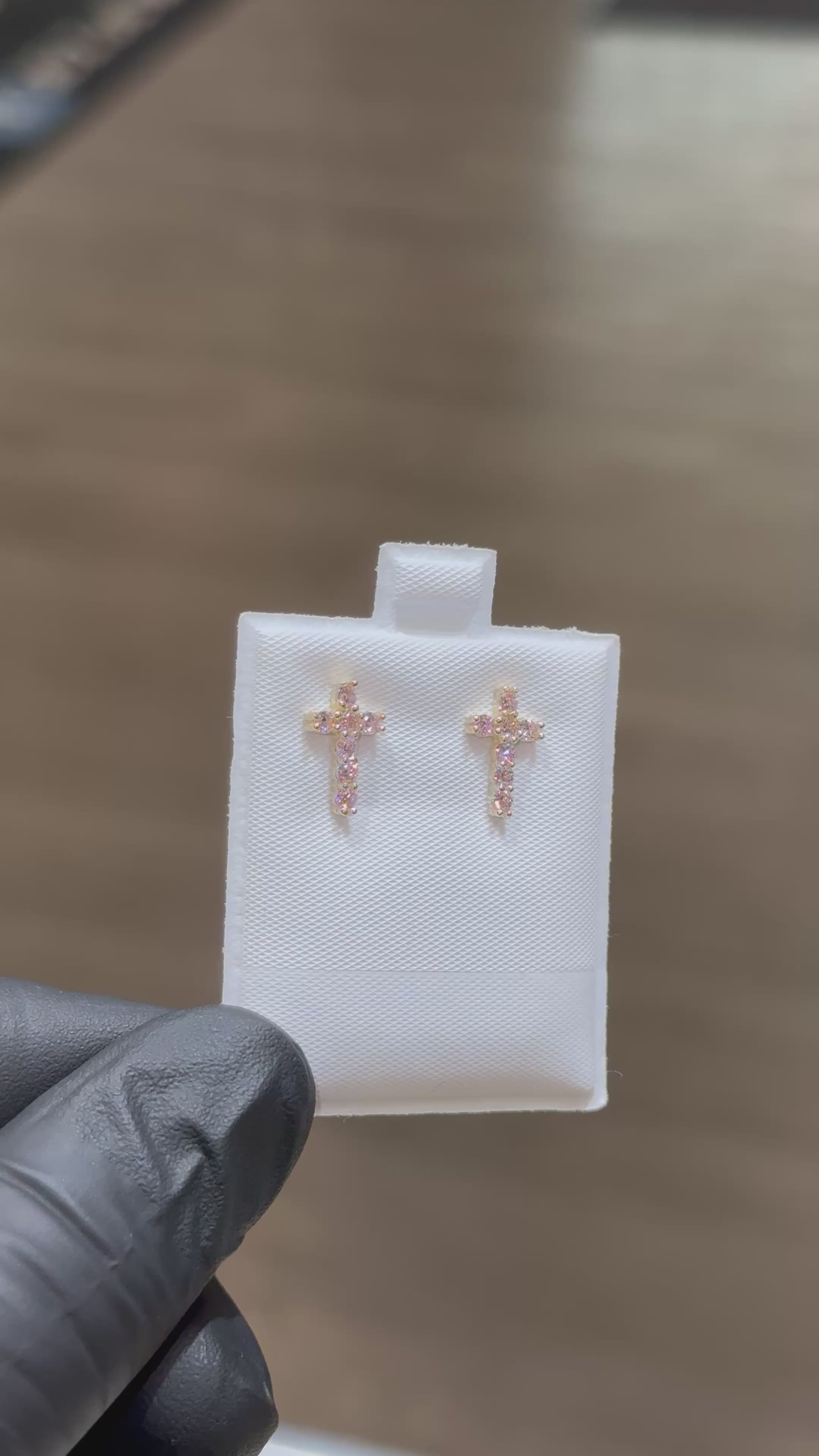 10k Pink Crystal Cross Earrings