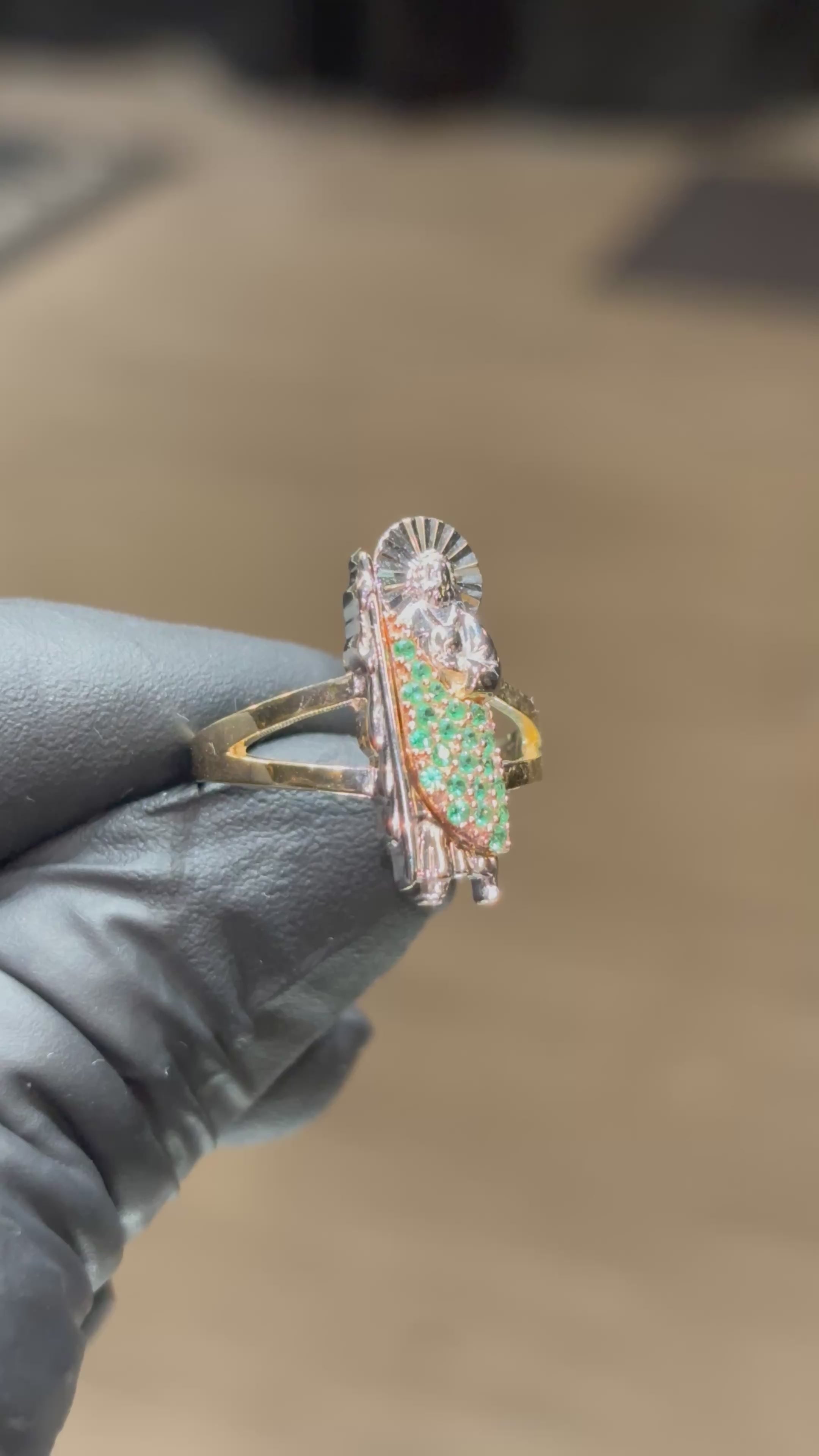 10k Tri-Colored San Judas with Green Crystals Ring