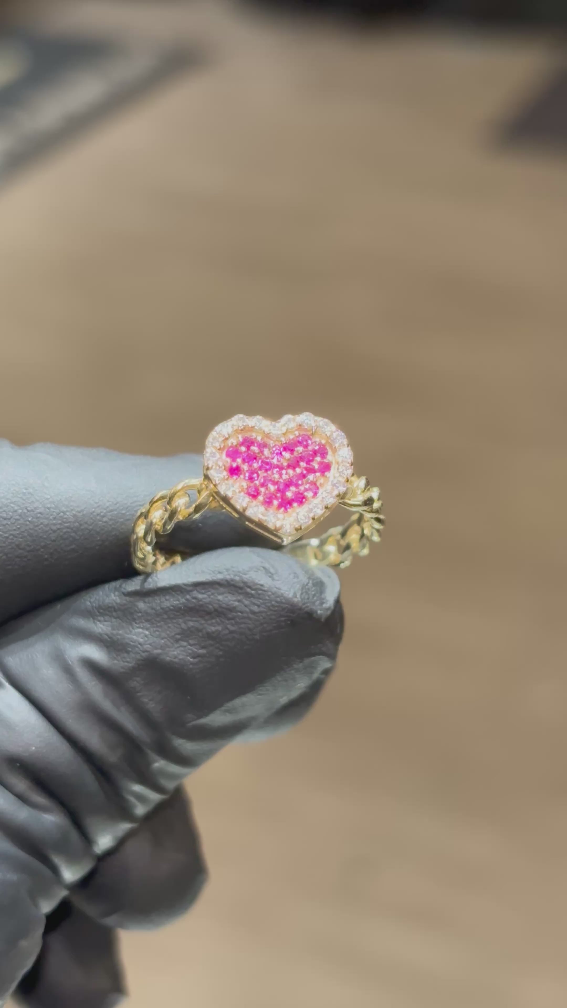 Load video: 10k White/Light/Dark Pink Crystal Cuban Heart Ring