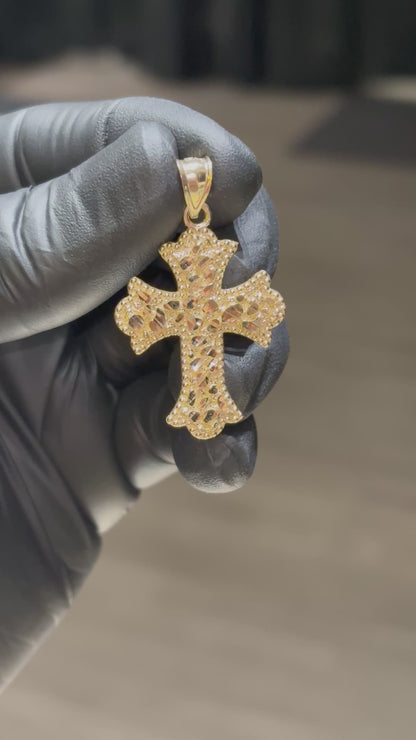 10k Beaded-Border Nugget Cross Pendant
