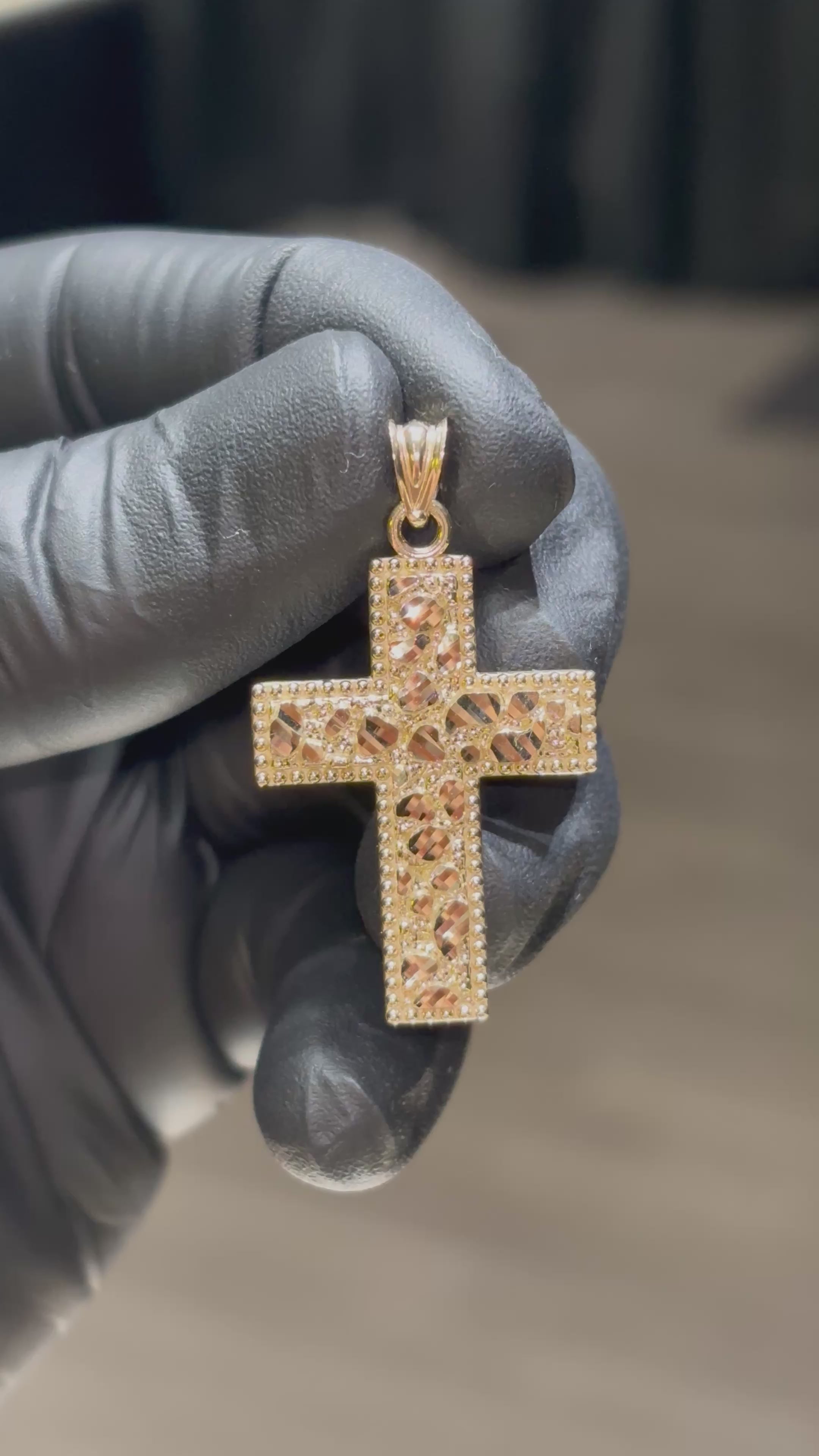 10k Beaded-Border Nugget Cross Pendant