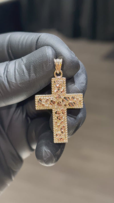 10k Beaded-Border Nugget Cross Pendant