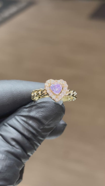 10k Light/Dark Purple Crystal Heart with Cuban Band Ring