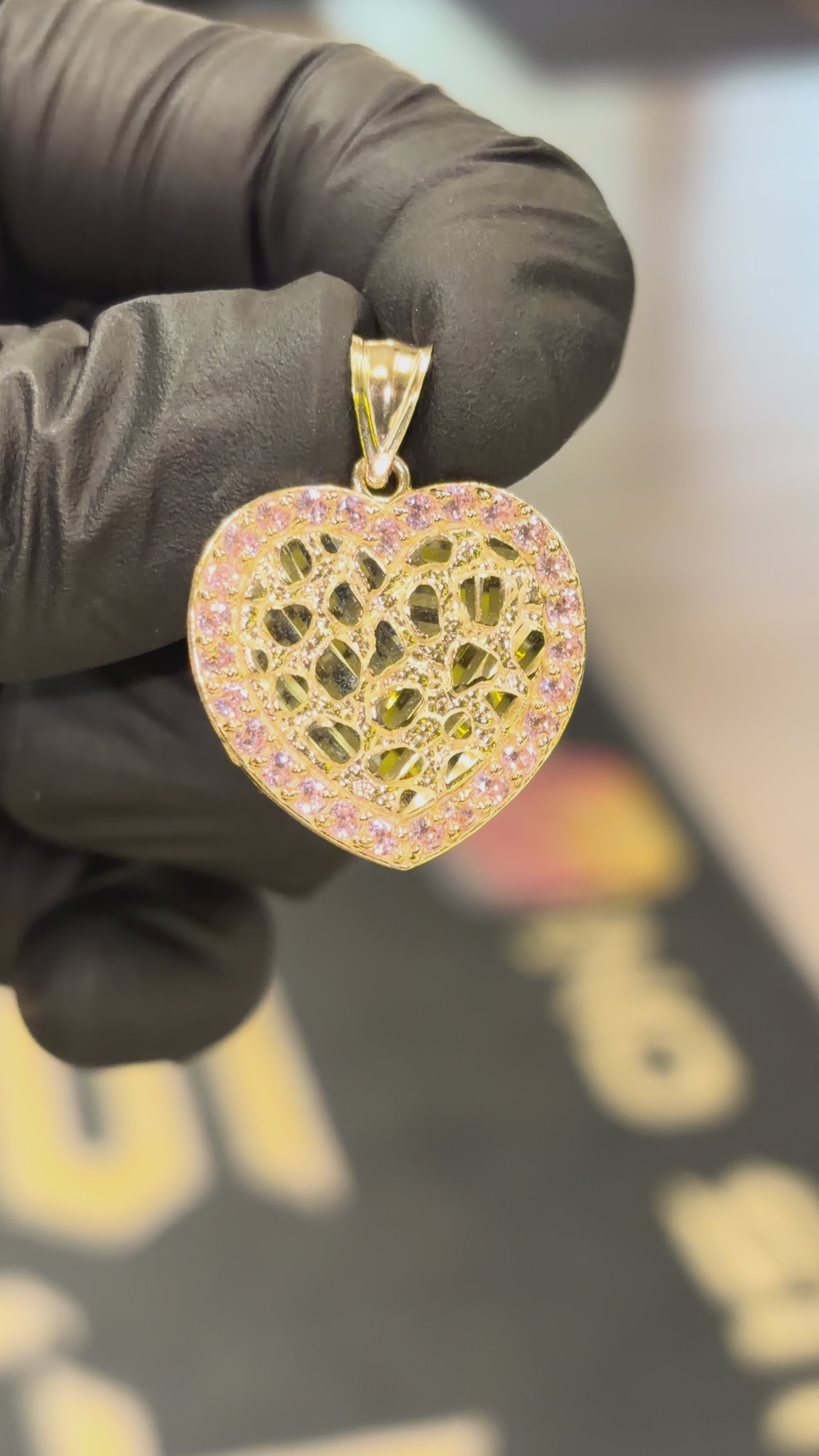 Load video: 10k Stone Border Heart Nugget Pendant