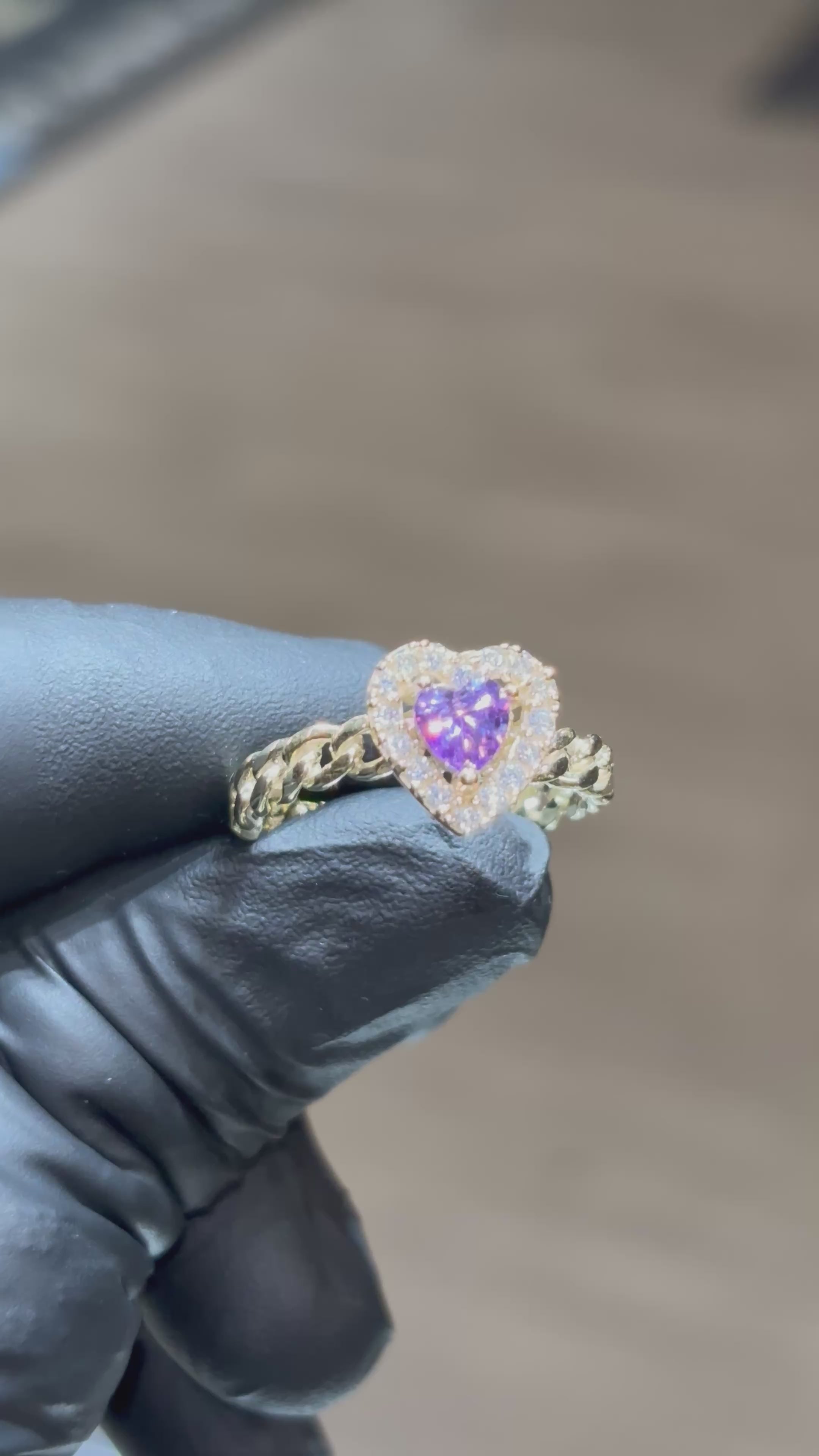 Load video: 10k Light/Dark Purple Crystal Heart with Cuban Band Ring
