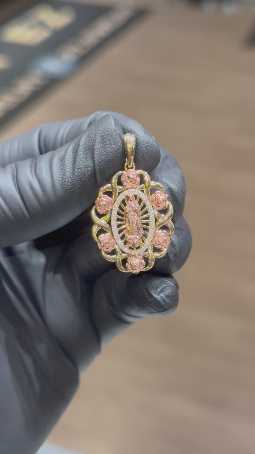 10k Virgin Mary Pendant with 3D Roses