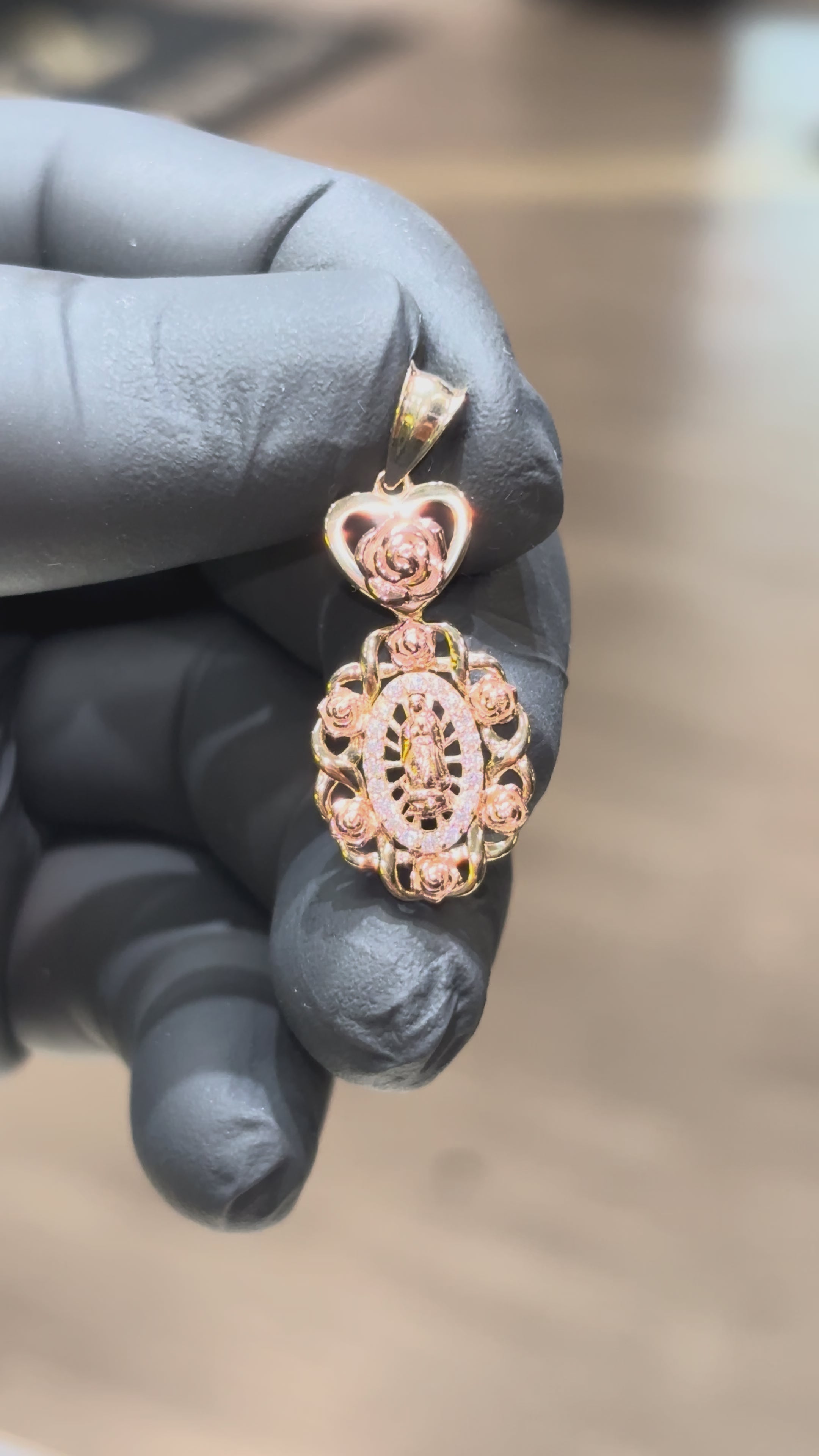 Load video: 10k Crystal Rose Heart Virgin Mary Pendant