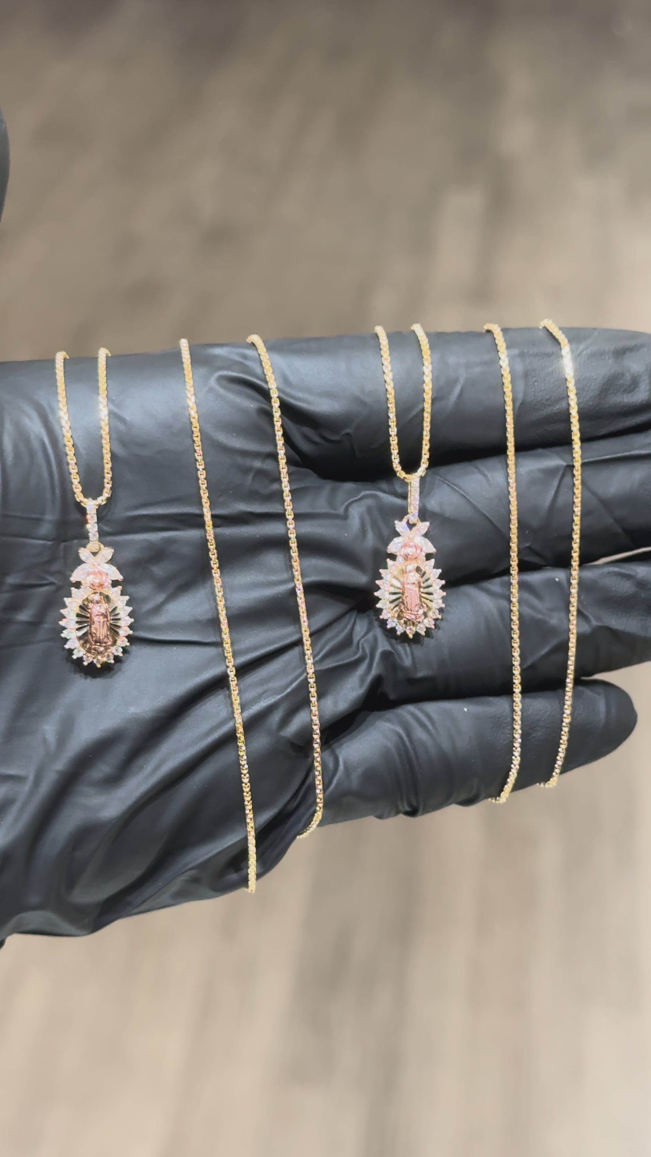 Load video: 10k Two Tone Crystal Rose Virgin Mary Chain Set
