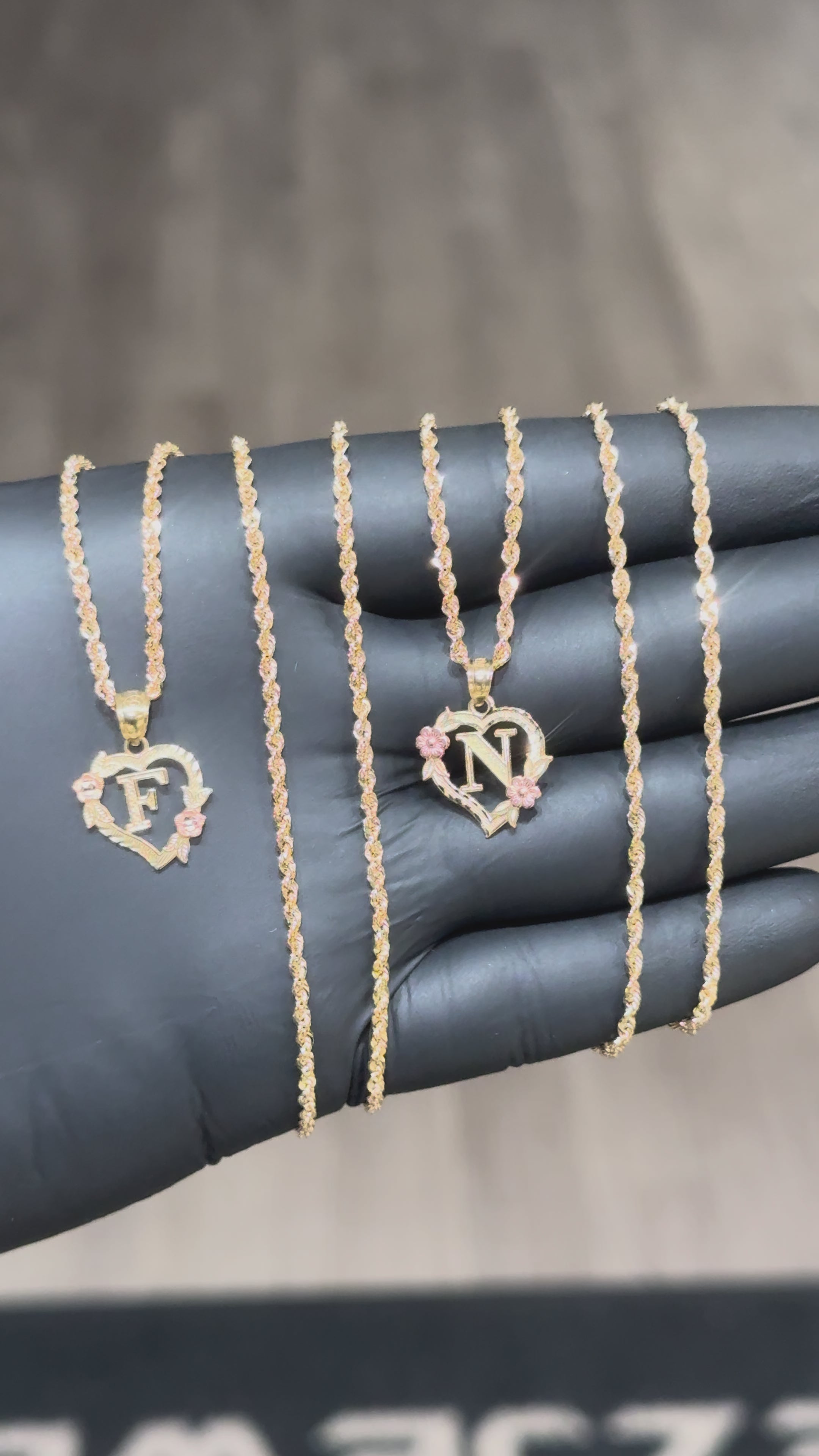 Load video: 10k Rose Heart Initial Pendant Chain Set