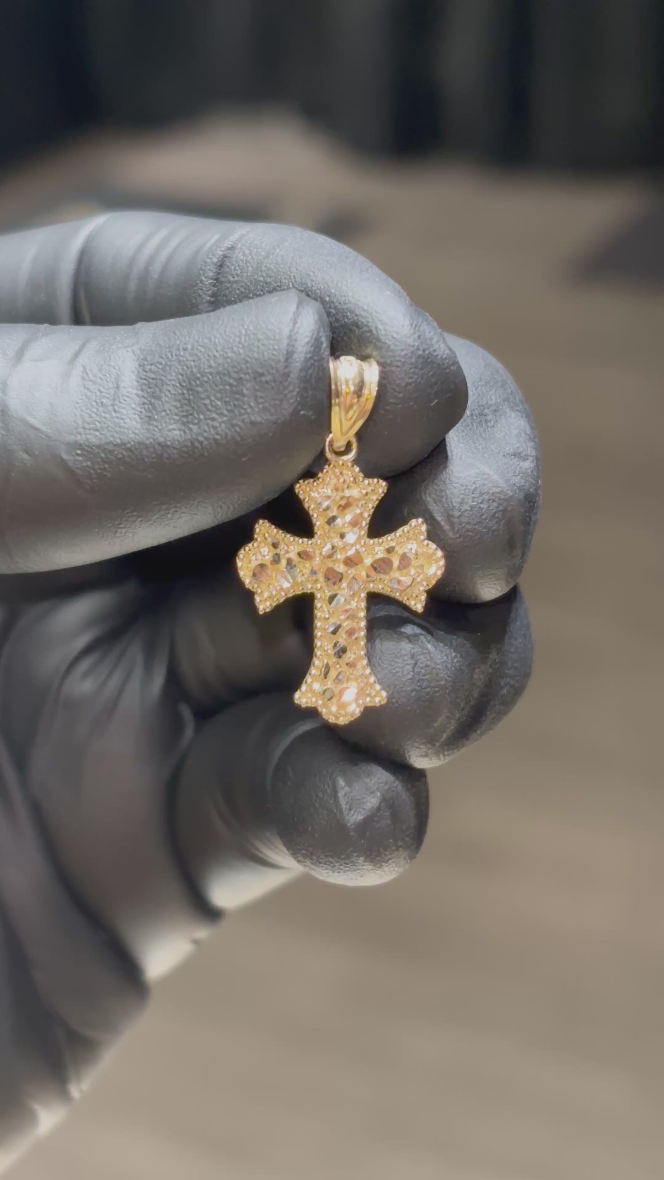 10k Beaded-Border Nugget Cross Pendant