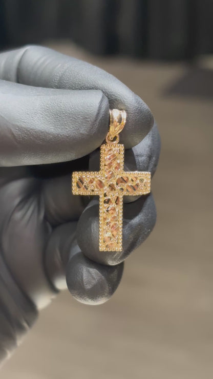10k Beaded-Border Nugget Cross Pendant