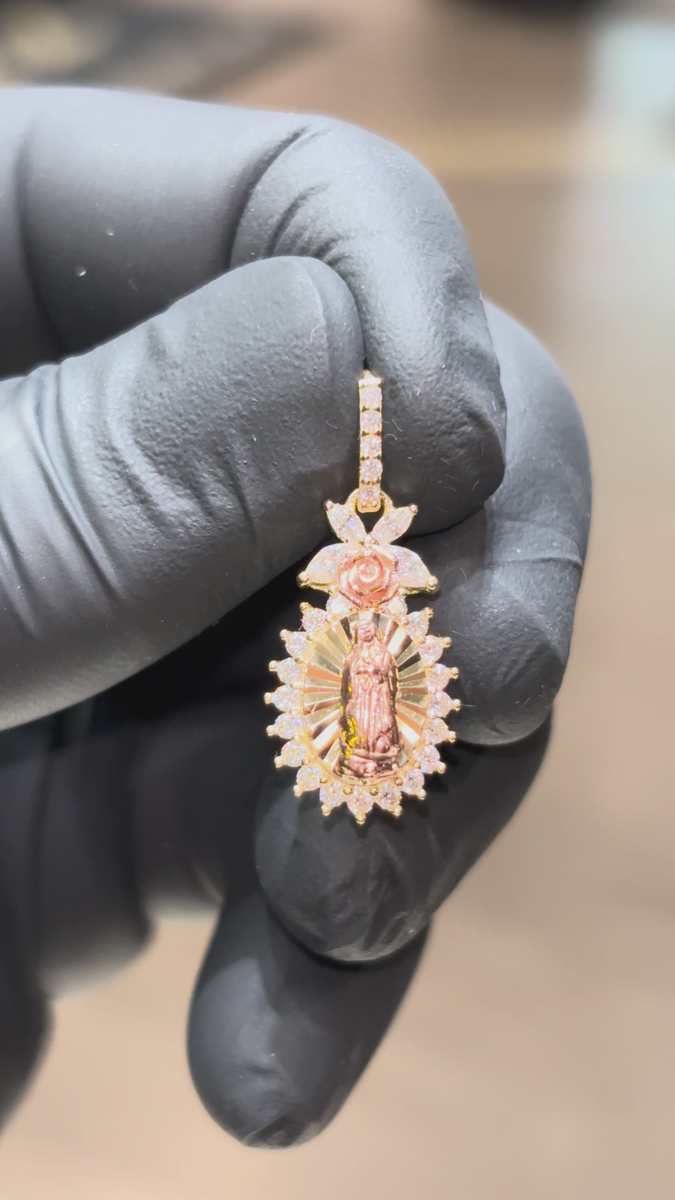 Load video: 10k Crystal Rose Butterfly Virgin Mary Pendant