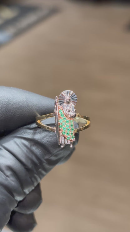 10k Tri-Colored San Judas with Green Crystals Ring