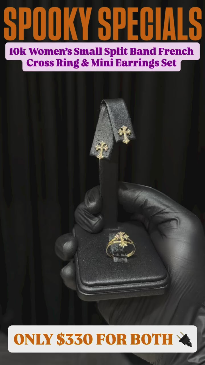 10k Small French Cross Ring and Earrings Set