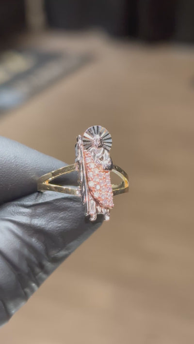 10k Tri-Colored San Judas with White Crystals Ring