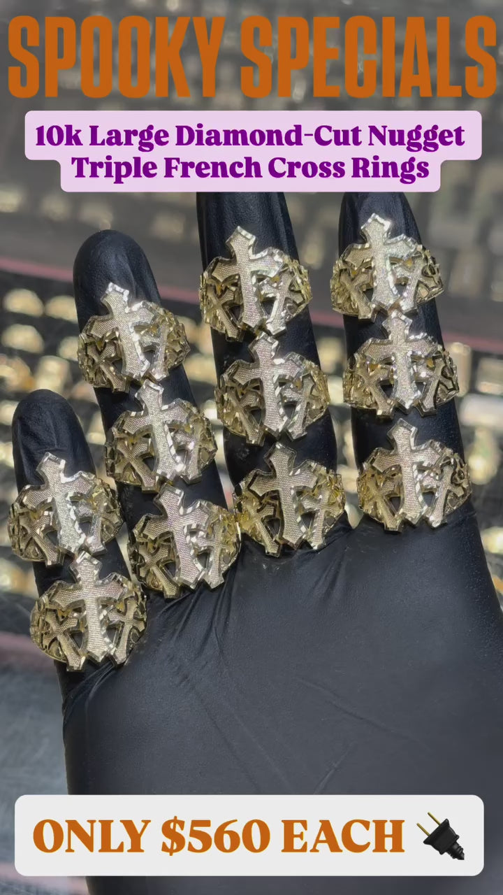 10k Large Triple French Nugget Cross Ring