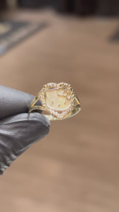 10k Nugget Heart Hello Kitty Ring