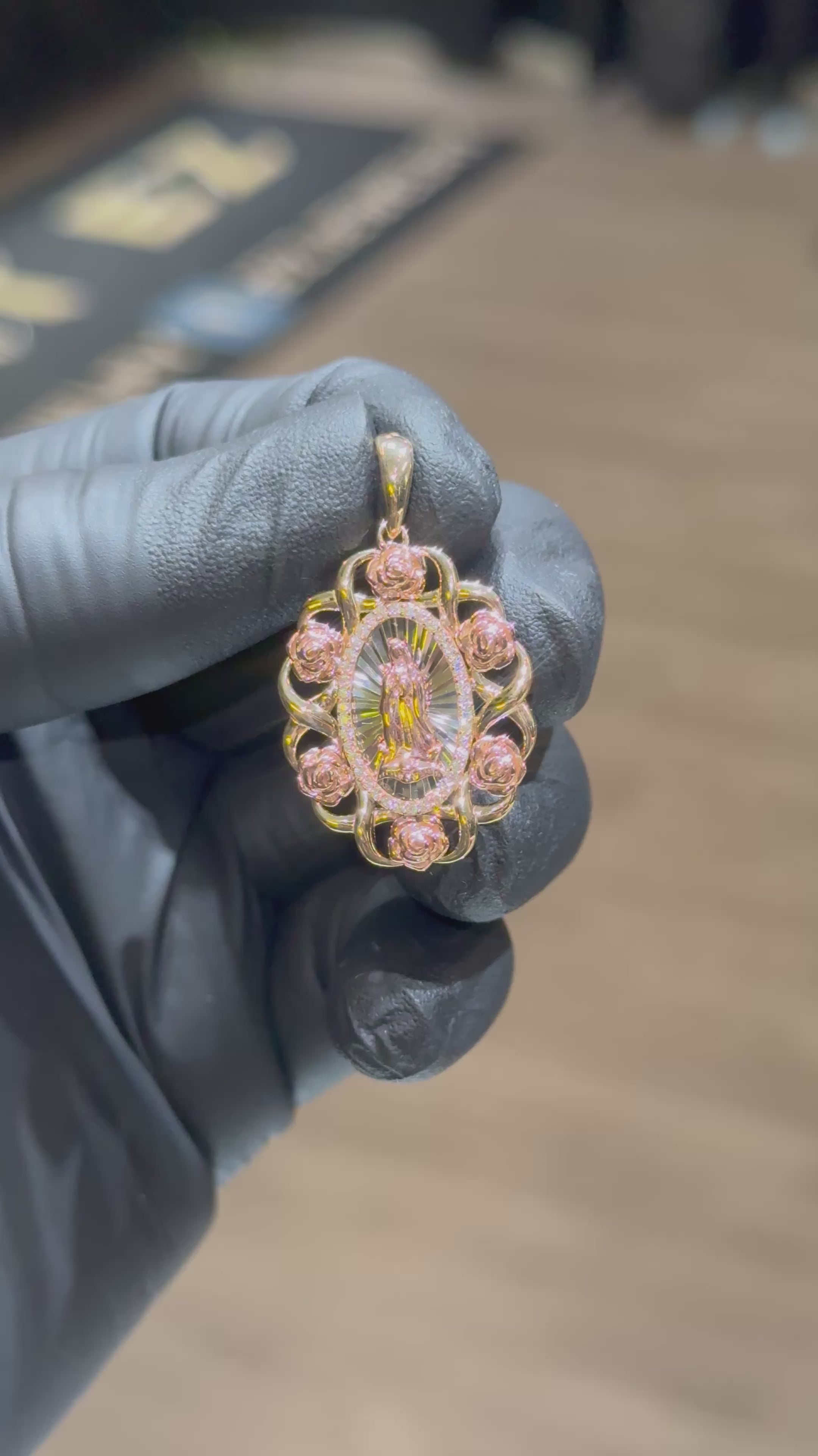 Load video: 10k Solid Virgin Mary Pendant with 3D Roses