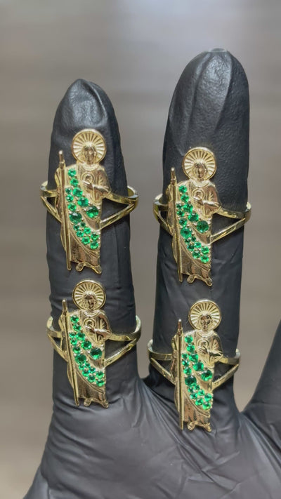 10k San Judas with Green Crystals Ring