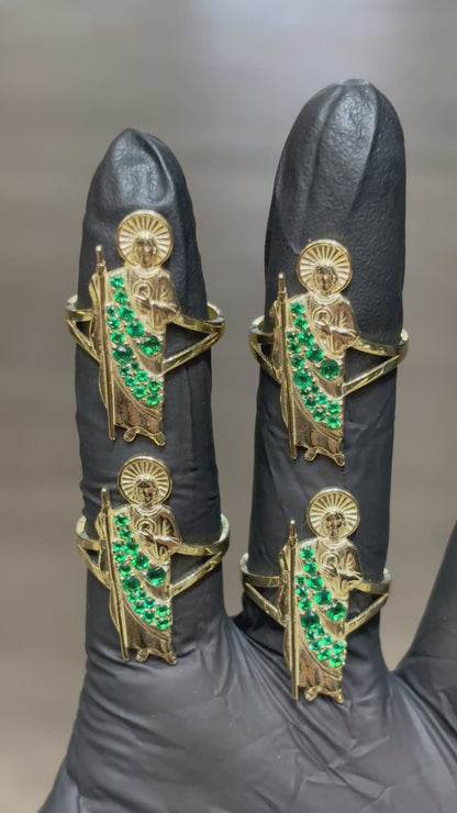 10k San Judas with Green Crystals Ring